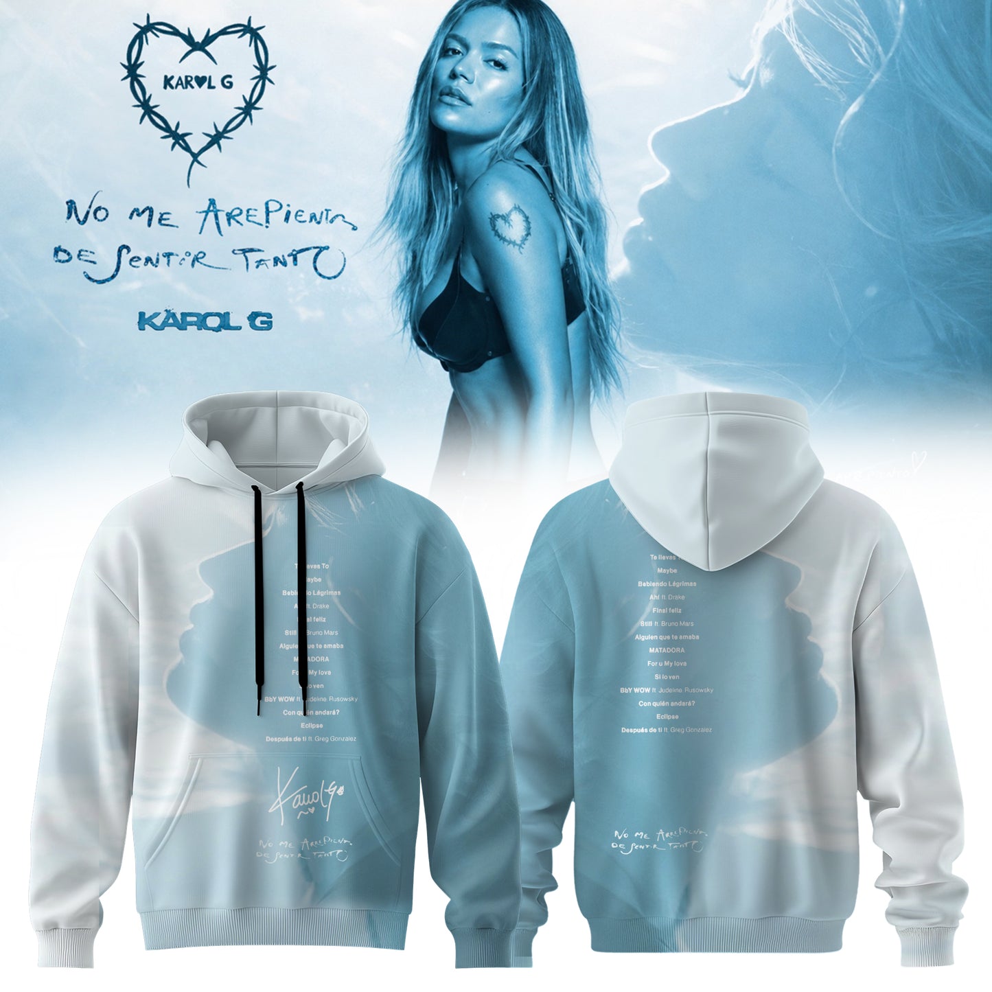 Karol G “ NO ME ARREPIENTO DE SENTIR TANTO ” 🩵 Signature Limited Edition – Hoodie