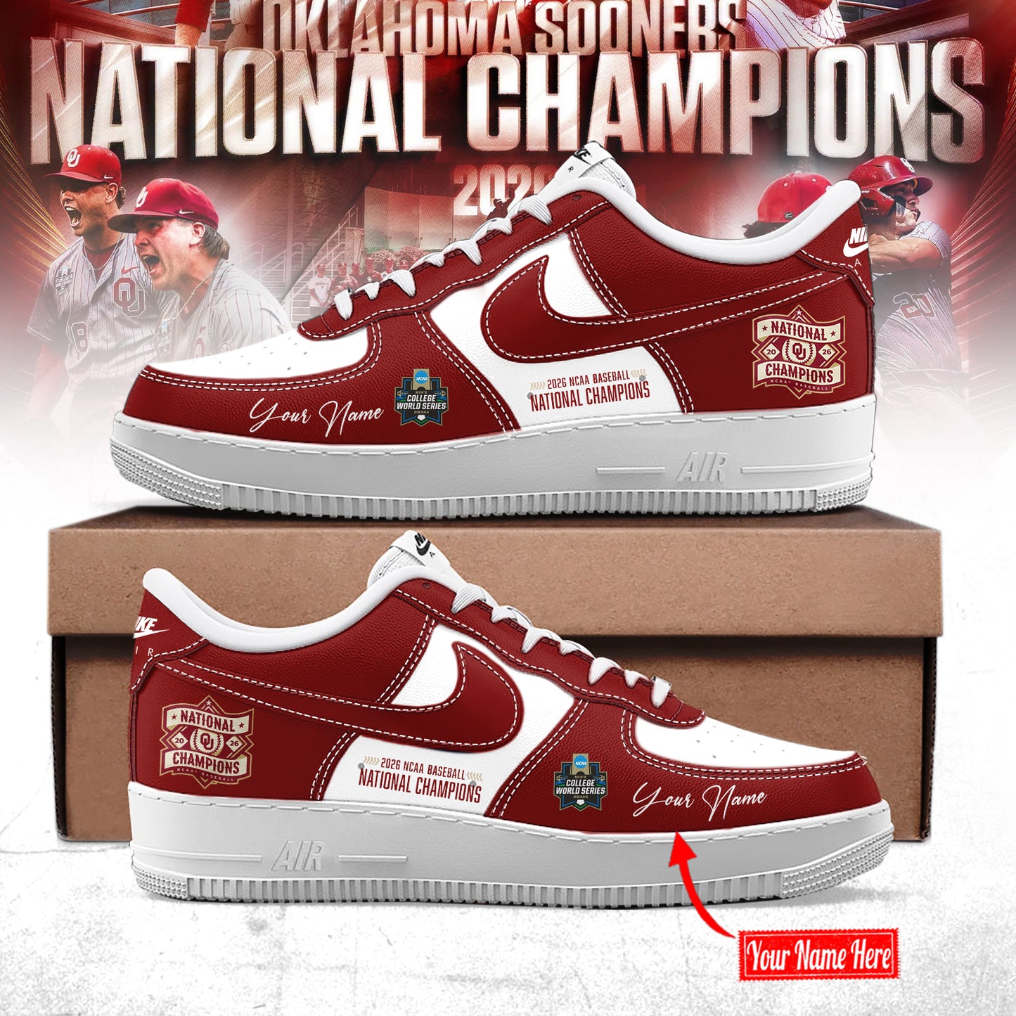 Limited Edition Oklahoma Baseball 2026 National Champions AF1 Sneakers