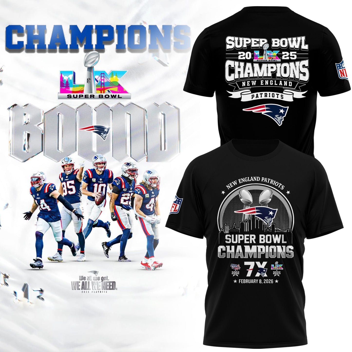 New England Patriots“ Super Bowl LX 2025 Champions T-Shirt