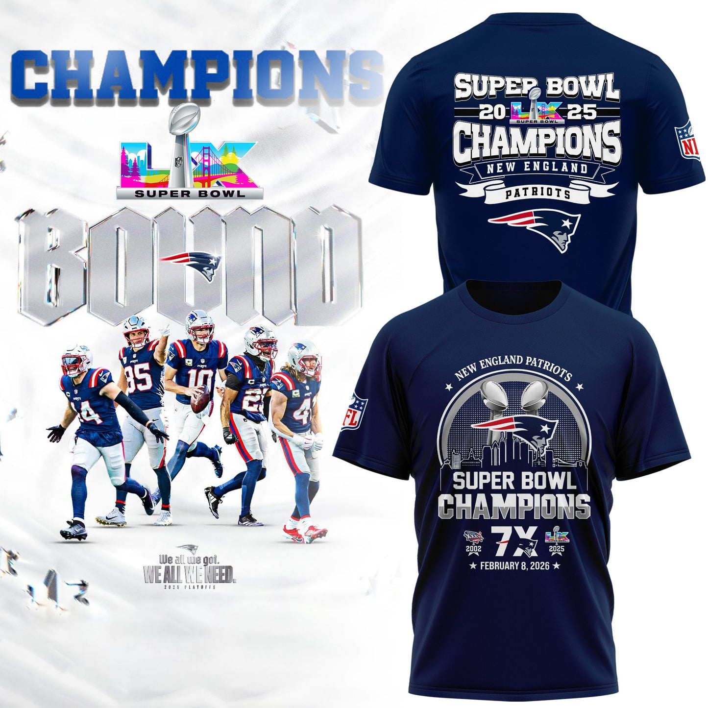 New England Patriots“ Super Bowl LX 2025 Champions T-Shirt