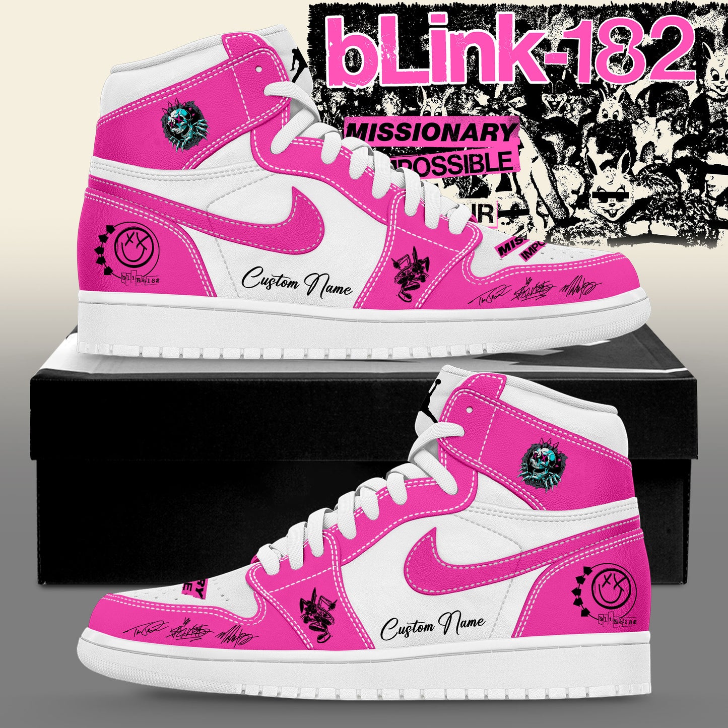 Blink‑182: Missionary Impossible Tour Signature Custom Name Pink Shoes JD