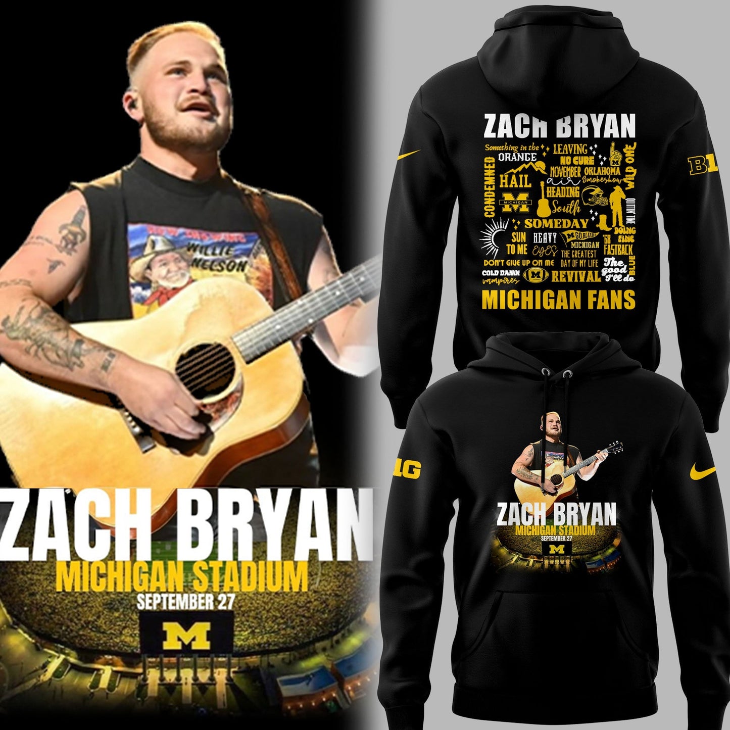 Limited Edition Michigan Fb Zach The Quittin™ Time Tour 2025 Michigan Stadium Black Hoodie