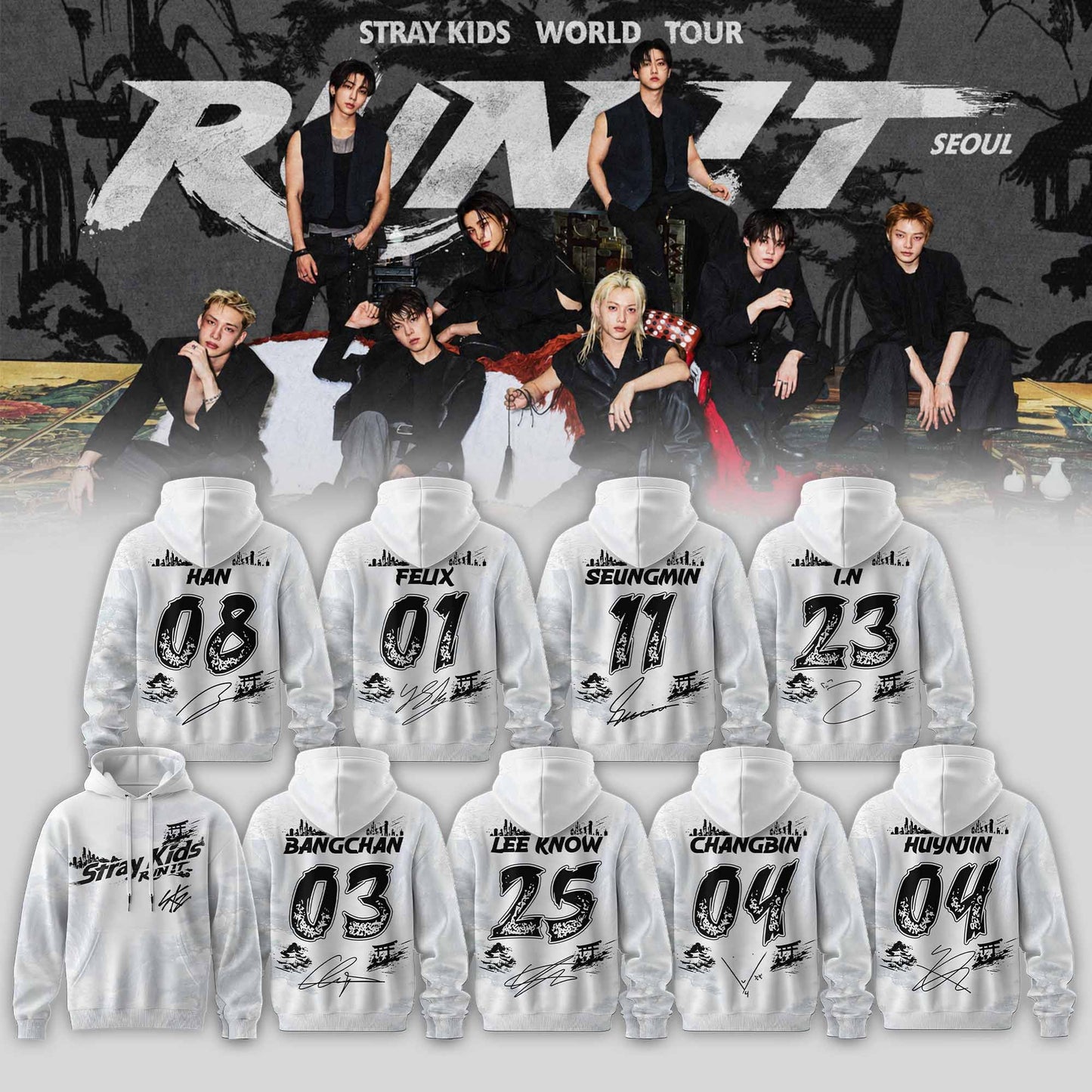 STRAY KIDS – RUN IT WORLD TOUR 2026 Edition Hoodie (White)