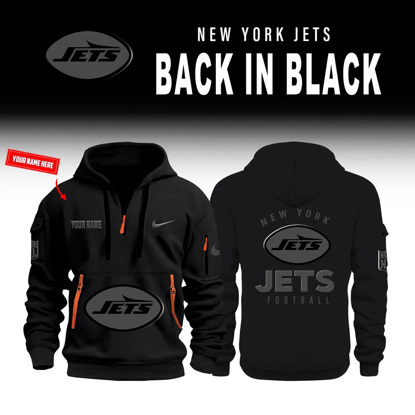 New York Jets Back In Black Half Zip Hoodie