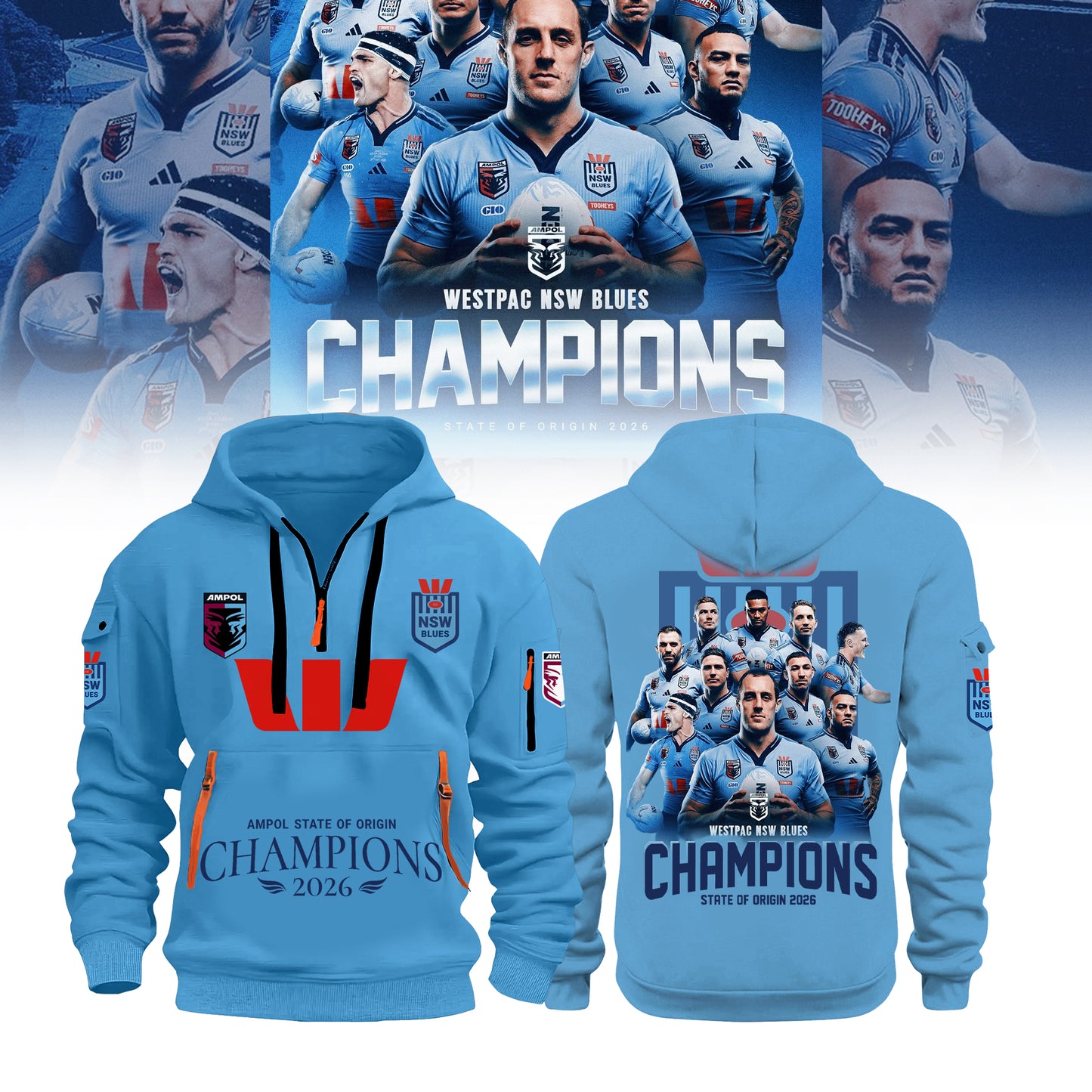 Limited Edition NSW Blues 2026 State Of Origin Champions Half ZipHoodie