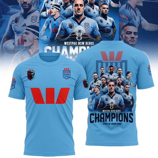 Limited Edition NSW Blues 2026 State Of Origin Champions T-Shirt