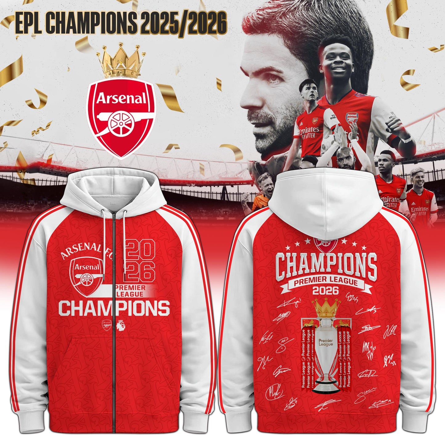 Arsenal Premier League Champions 25/26 ZipHoodie Limited Edition
