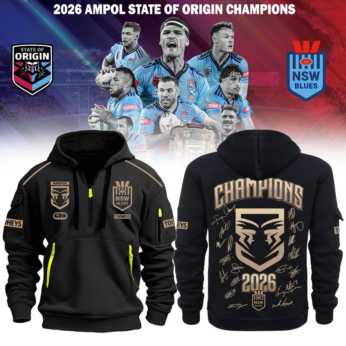 Limited Edition NSW Blues 2026 State Of Origin Champions Half ZipHoodie