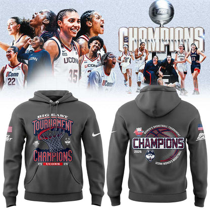 UConn Women™s Basketball 2026 BIG EAST Tournament Champions Gray Hoodie V2
