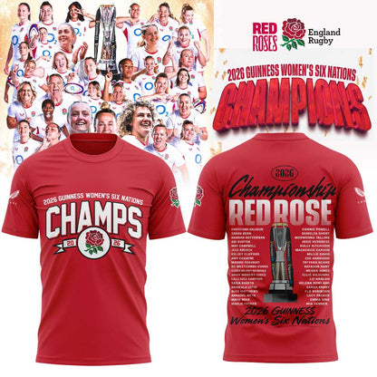 England Red Roses 2026 W6N Grand Slam Winners Graphic Champions Shirt Red
