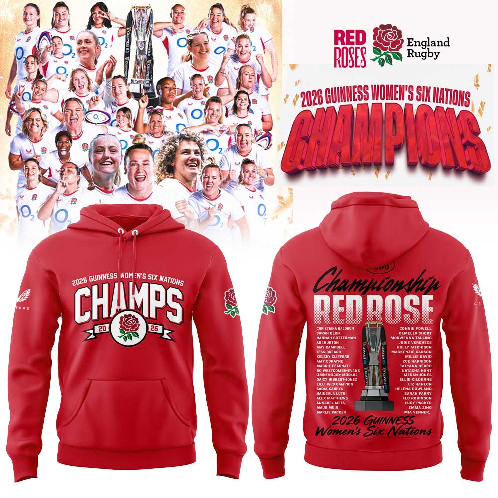 England Red Roses 2026 W6N Grand Slam Winners Graphic Champions Limited Hoodie Red