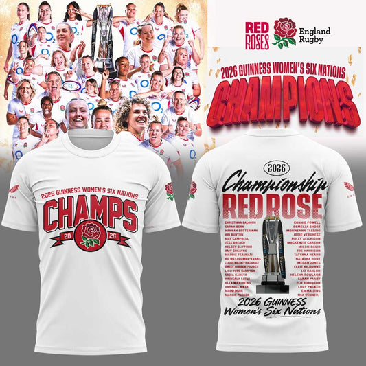 England Red Roses 2026 W6N Grand Slam Winners Graphic Champions Shirt White