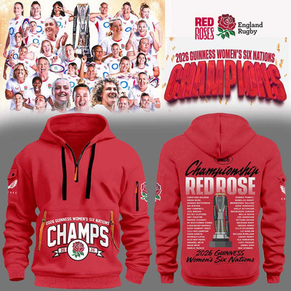 England Red Roses 2026 W6N Grand Slam Winners Graphic Champions Limited Hoodie Red