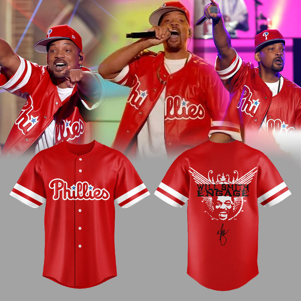 Will Smith Rocked a Red Phillies Jersey + Phillies Hat during his performance at the One Philly Unity Concert for America Jersey