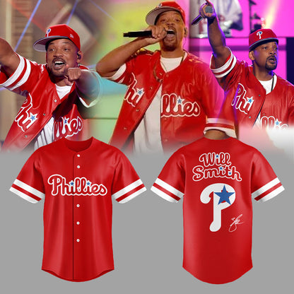 Will Smith Rocked a Red Phillies Jersey + Phillies Hat during his performance at the One Philly Unity Concert for America V2 Jersey