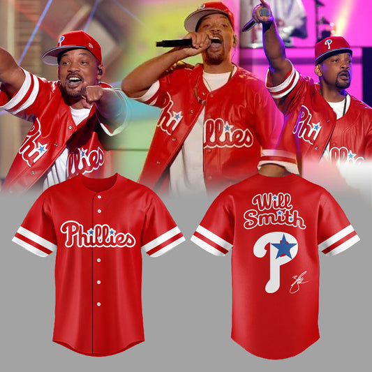 Will Smith Rocked a Red Phillies Jersey + Phillies Hat during his performance at the One Philly Unity Concert for America V2 Jersey