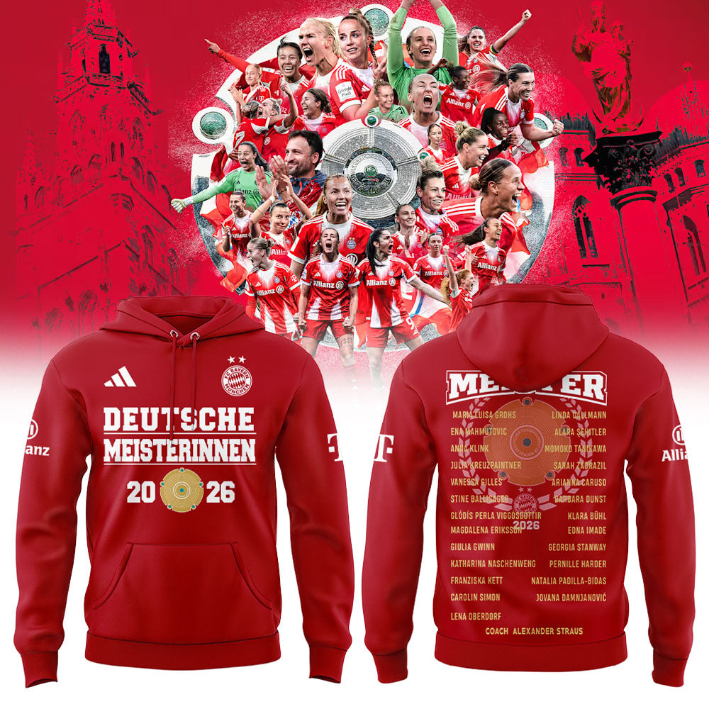 FC Bayern Frauen 𝑴𝑬𝑰𝑺𝑻𝑬𝑹𝑰𝑵𝑵𝑬𝑵 𝟐𝟎𝟐𝟔 Has Won The Women’s Bundesliga Title For The Fourth Consecutive Time Hoodie Red