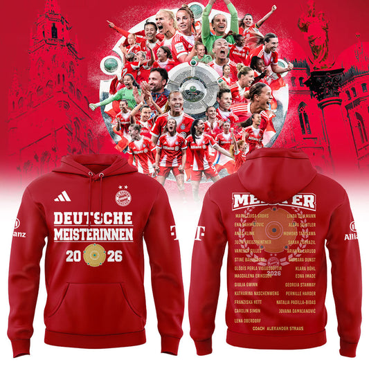 FC Bayern Frauen 𝑴𝑬𝑰𝑺𝑻𝑬𝑹𝑰𝑵𝑵𝑬𝑵 𝟐𝟎𝟐𝟔 Has Won The Women’s Bundesliga Title For The Fourth Consecutive Time Hoodie Red