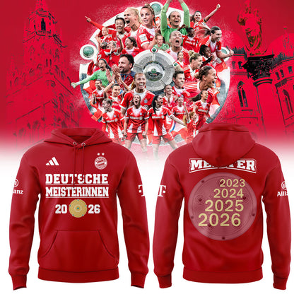 FC Bayern Frauen 𝑴𝑬𝑰𝑺𝑻𝑬𝑹𝑰𝑵𝑵𝑬𝑵 𝟐𝟎𝟐𝟔 Has Won The Women’s Bundesliga Title For The Fourth Consecutive Time Hoodie Red V2