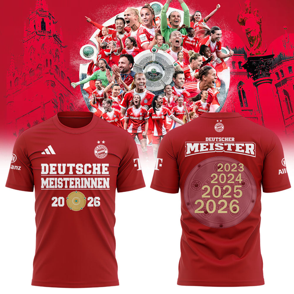 FC Bayern Frauen 𝑴𝑬𝑰𝑺𝑻𝑬𝑹𝑰𝑵𝑵𝑬𝑵 𝟐𝟎𝟐𝟔 Has Won The Women’s Bundesliga Title For The Fourth Consecutive Time Shirt Red V2
