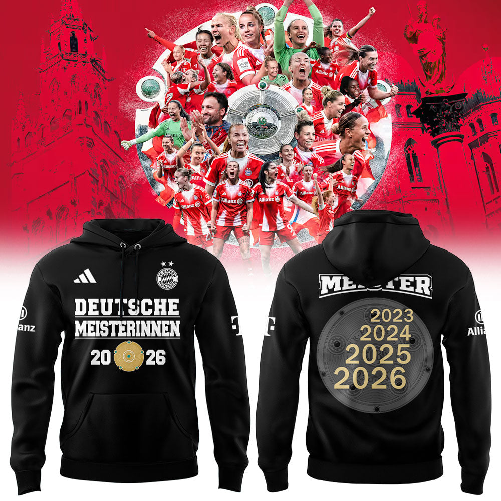 FC Bayern Frauen 𝑴𝑬𝑰𝑺𝑻𝑬𝑹𝑰𝑵𝑵𝑬𝑵 𝟐𝟎𝟐𝟔 Has Won The Women’s Bundesliga Title For The Fourth Consecutive Time Hoodie Black V2