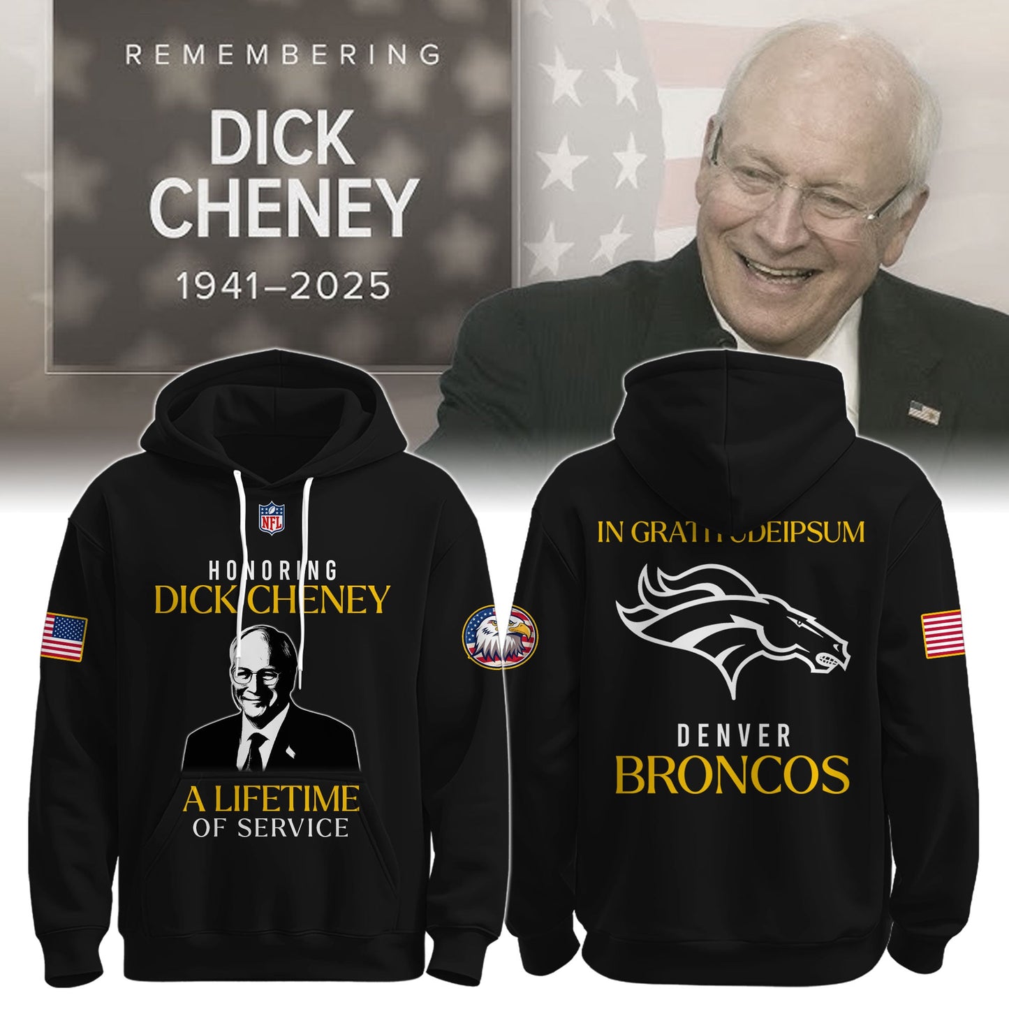 Denver Broncos Dick Cheney Tribute Collection Hoodie Limited Release!�