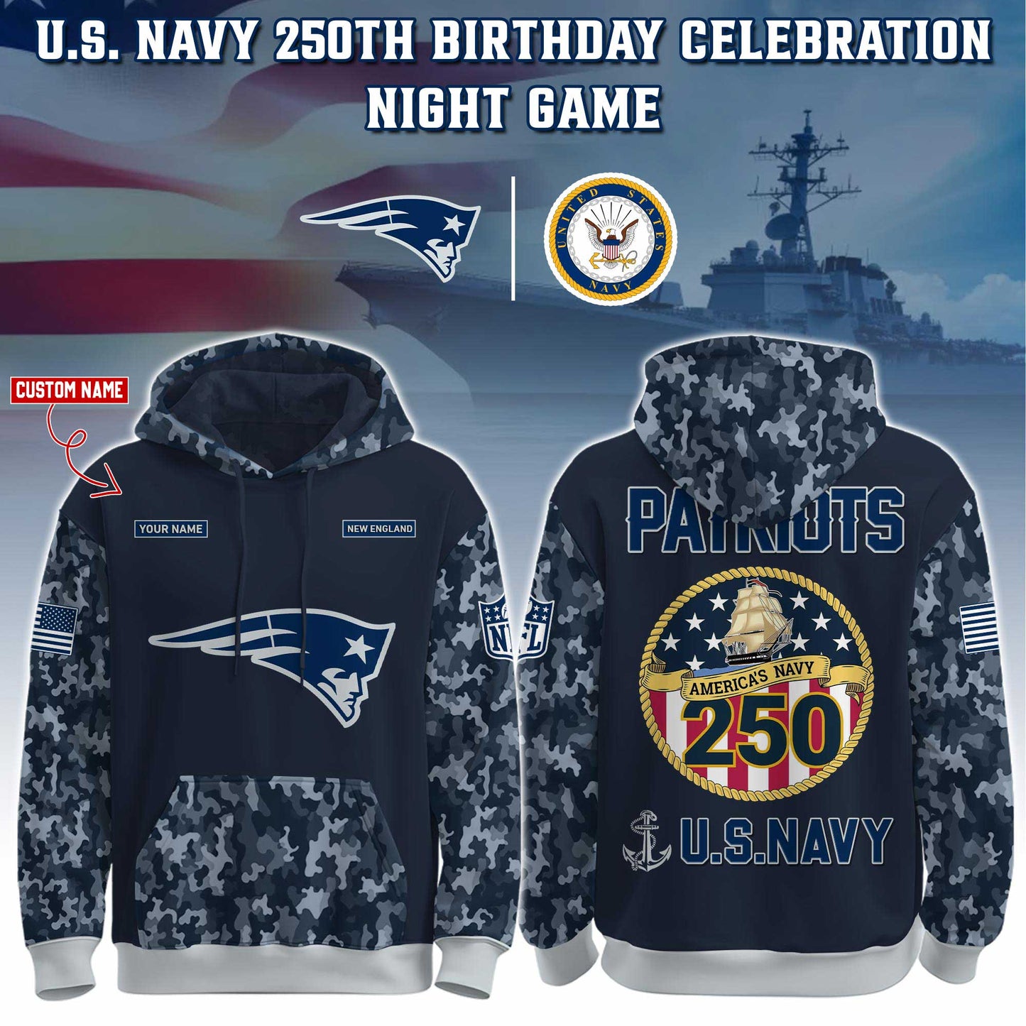 New England Patriots Navy 250th Birthday Hoodie Limited Edions