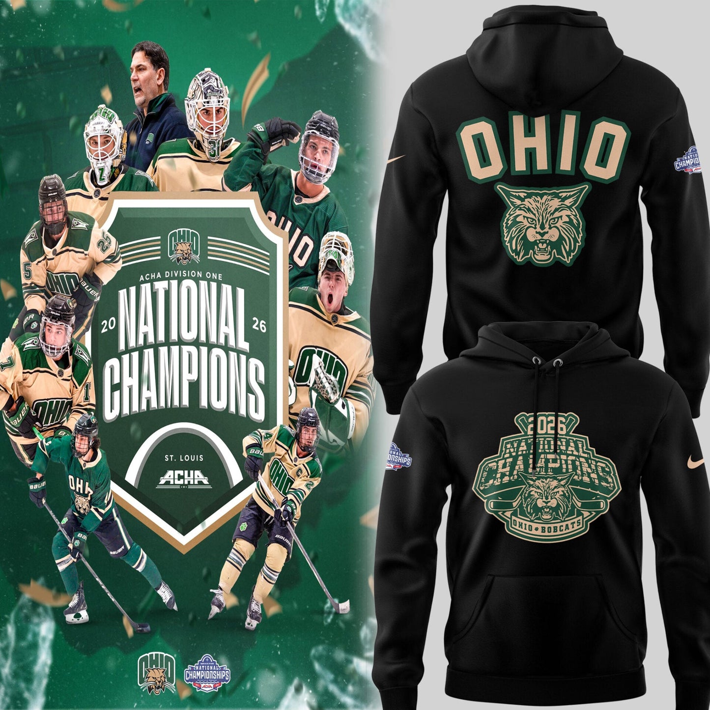 Limited Edition Ohio Bobcat ACHA National Champions 2026ðŸ†Hoodie