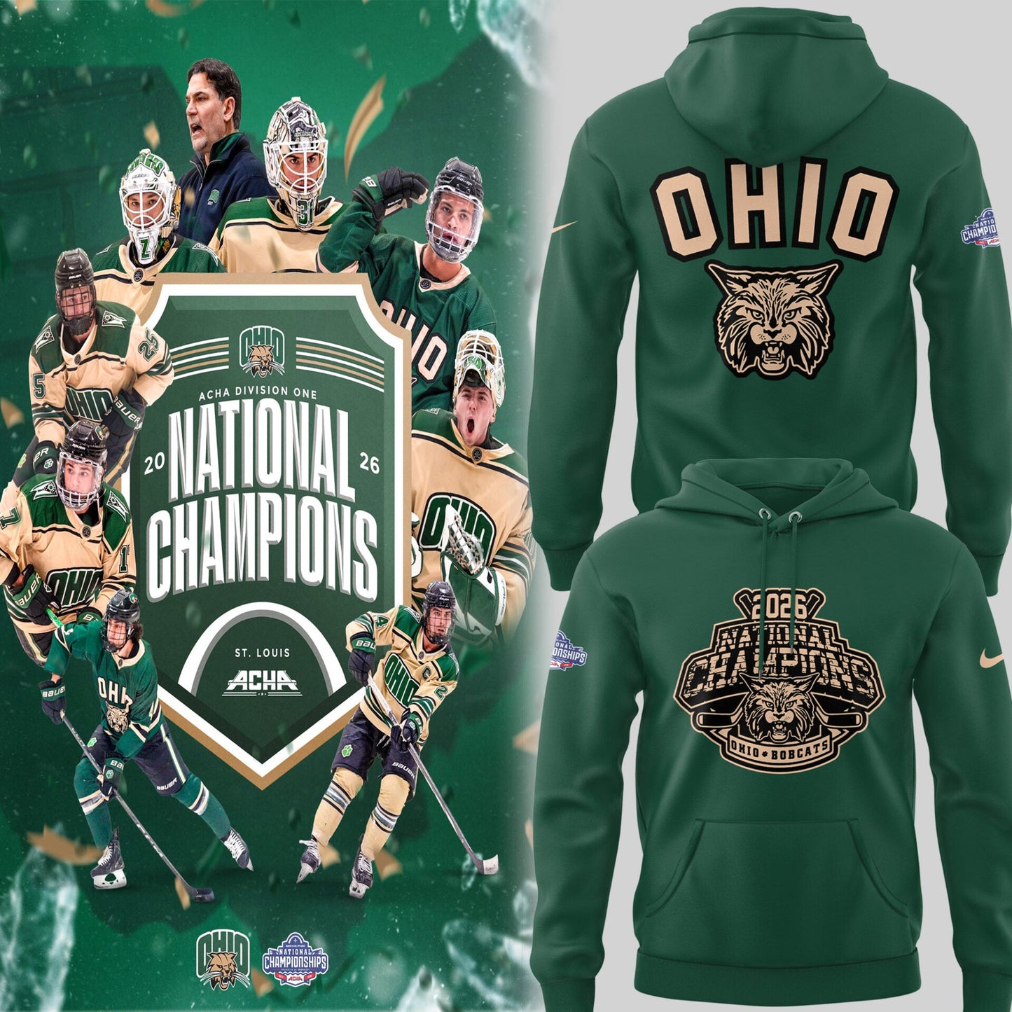 Limited Edition Ohio Bobcat ACHA National Champions 2026ðŸ†Hoodie