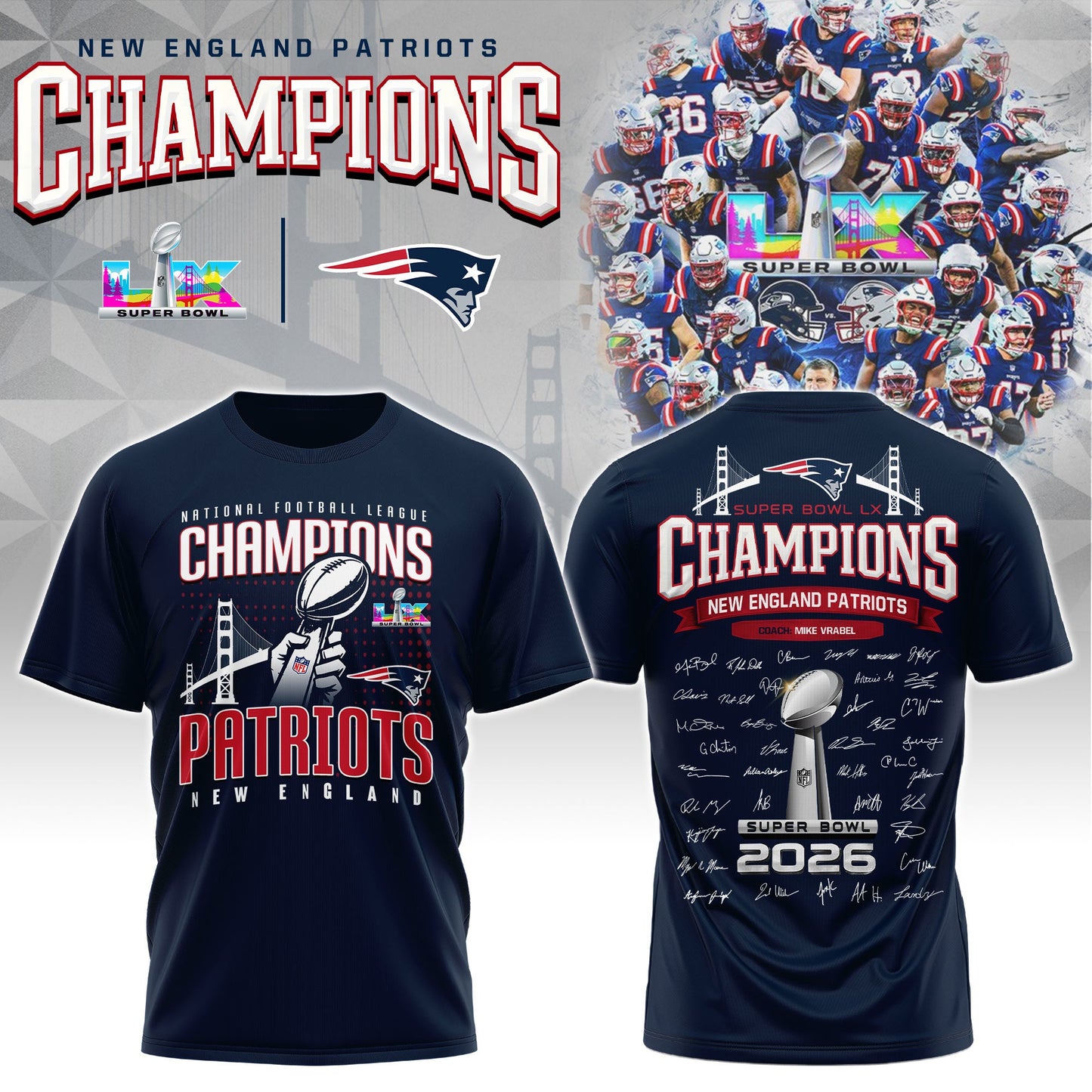 New England Patriots“ Super Bowl LX 2025 Champions T-Shirt
