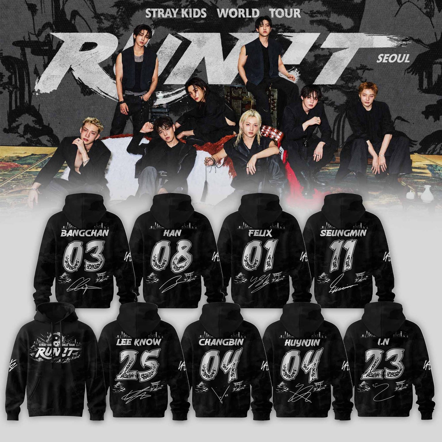 STRAY KIDS – RUN IT WORLD TOUR 2026 Edition Hoodie ( Black)