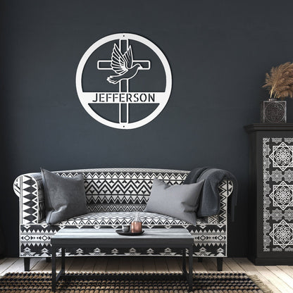 Christian Metal Sign, Personalized Metal Cross Sign, Dove and Cross Monogram, Custom Name Monogram Sign, Dove Metal Sign, Spiritual Wall Art