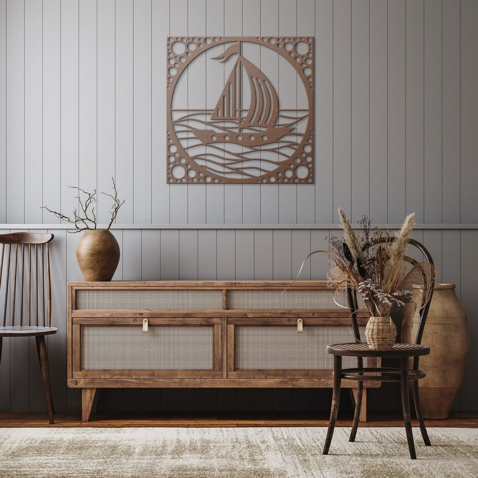Sail Boat Metal Sign, Sea Waves Wall Decor, Sail Boat in Ocean Metal Sign, Decorative Sea View Wall Art, Wall Hanging Sea Metal Decor
