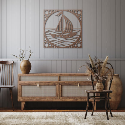 Sail Boat Metal Sign, Sea Waves Wall Decor, Sail Boat in Ocean Metal Sign, Decorative Sea View Wall Art, Wall Hanging Sea Metal Decor