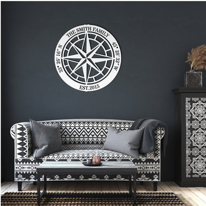 Custom Compass Metal Sign, North Star Compass Wall Art, Custom Rustic Compass, Family Name Sign, Custom Coordinates Sign, Adventure Gift
