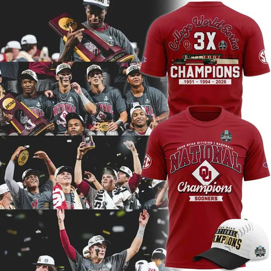 Oklahoma Sooners Red 3X College World Series Champions Locker Room T-Shirt