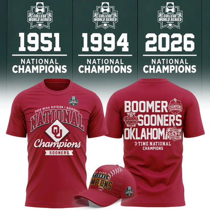 Oklahoma Sooners Crimson 2026 NCAA Baseball National Champions 3-Time Champions T-Shirt