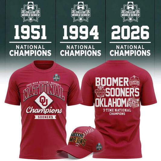 Oklahoma Sooners Crimson 2026 NCAA Baseball National Champions 3-Time Champions T-Shirt