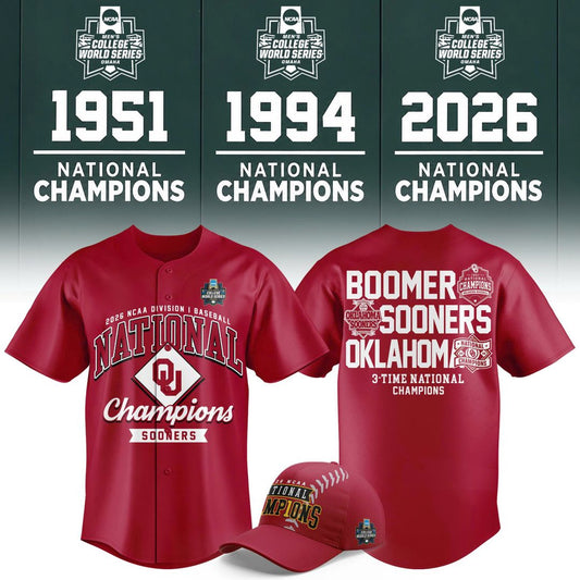 Oklahoma Sooners Crimson 2026 NCAA Baseball National Champions 3-Time Champions Jersey