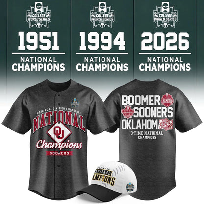 Oklahoma Sooners Gray 2026 NCAA Baseball National Champions 3-Time Champions Jersey