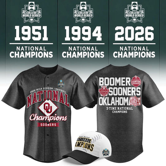 Oklahoma Sooners Gray 2026 NCAA Baseball National Champions 3-Time Champions Jersey