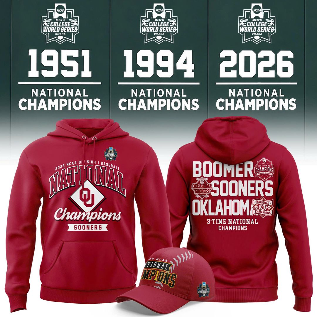 Oklahoma Sooners Crimson 2026 NCAA Baseball National Champions 3-Time Champion Hoodie