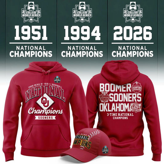 Oklahoma Sooners Crimson 2026 NCAA Baseball National Champions 3-Time Champion Hoodie
