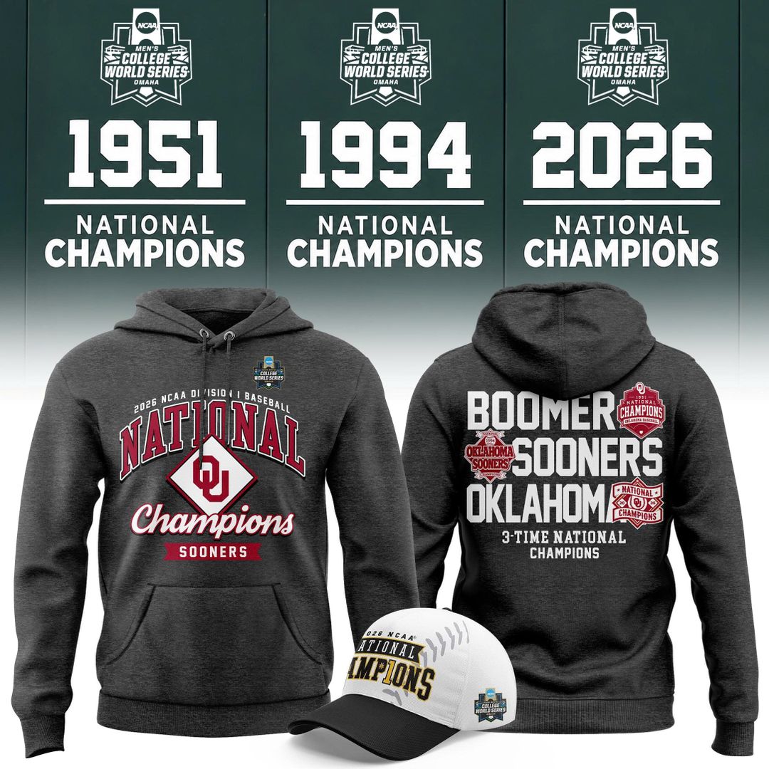 Oklahoma Sooners Gray 2026 NCAA Baseball National Champions 3-Time Champions Hoodie