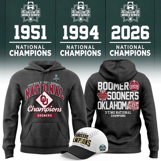 Oklahoma Sooners Gray 2026 NCAA Baseball National Champions 3-Time Champions Hoodie