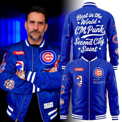 CM Punk Chicago Cubs Bomber Jacket - "Best in the World" Blue Varsity Jacket