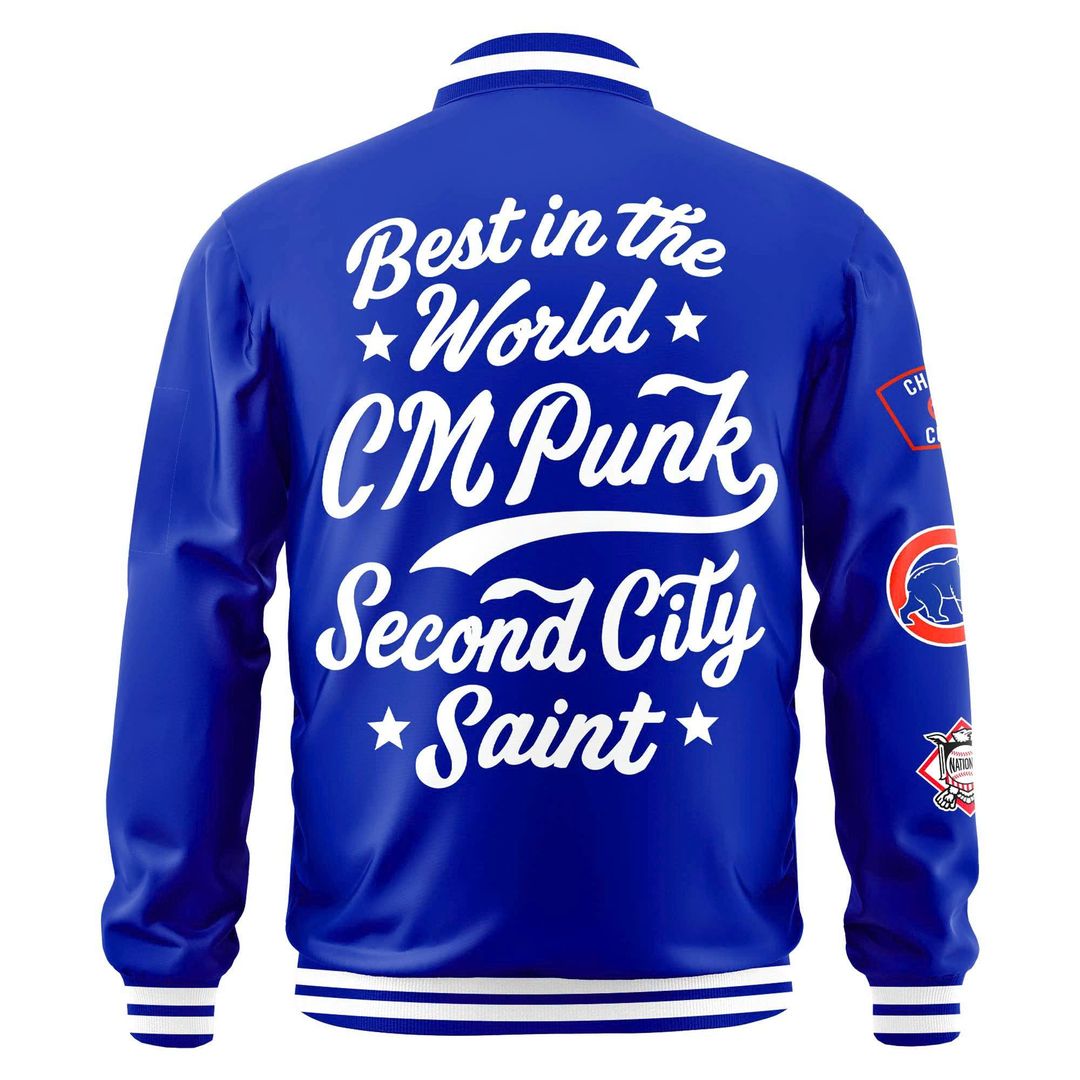 CM Punk Chicago Cubs Bomber Jacket - "Best in the World" Blue Varsity Jacket