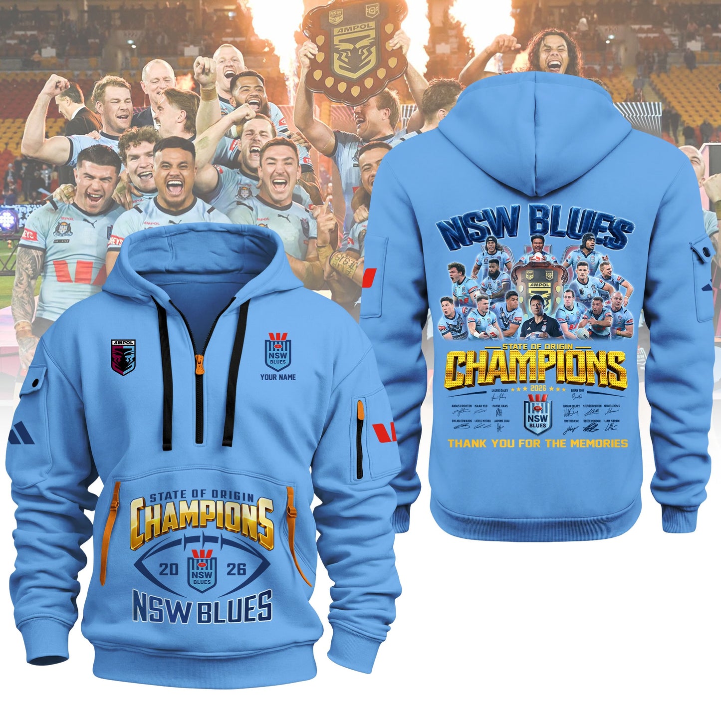 Limited Edition NSW Blues 2026 State Of Origin Champions Half ZipHoodie