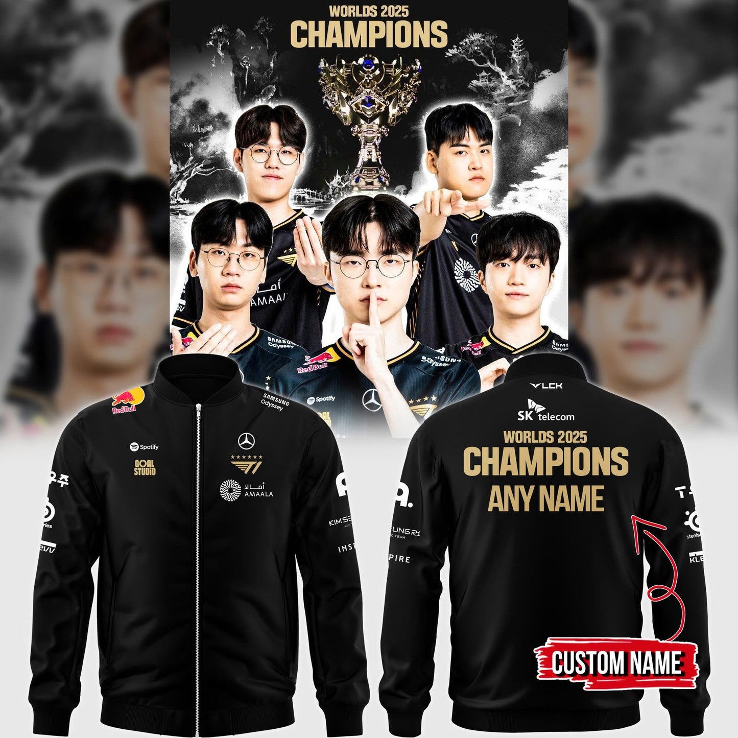 Limited Edition 𝐁𝐀𝐂𝐊-𝐓𝐎-𝐁𝐀𝐂𝐊-𝐓𝐎-𝐁𝐀𝐂𝐊 𝐖𝐎𝐑𝐋𝐃 𝐂𝐇𝐀𝐌𝐏𝐈𝐎𝐍𝐒 2025 T1 Worlds Zip Bomber