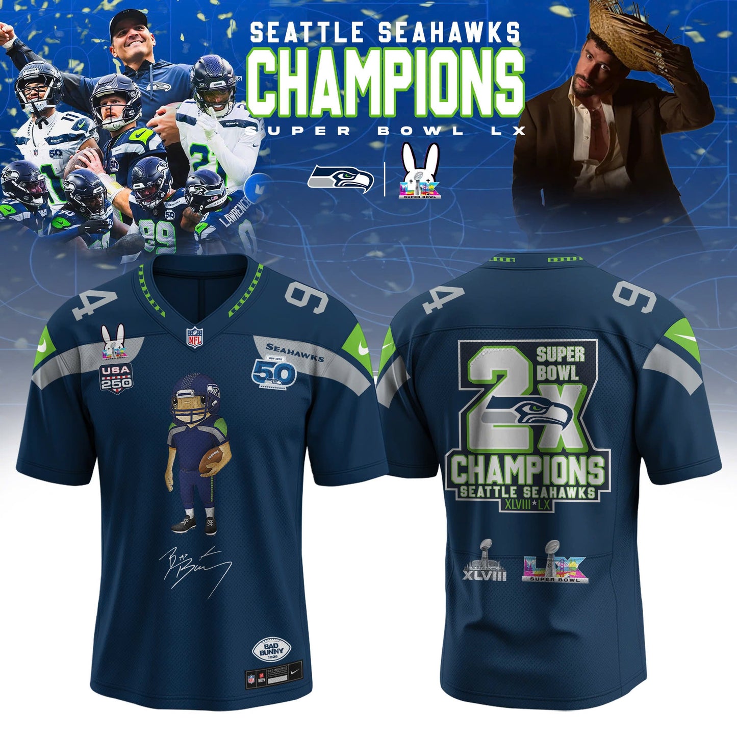 Seattle Seahawks Super Bowl LX Champions 2026 Special Edition Jersey